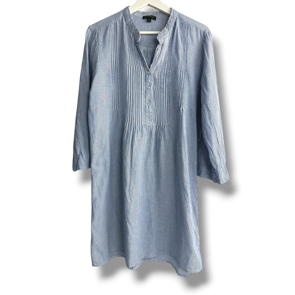 For Cynthia Tunic Dress Womens Medium Blue White Striped Linen Blend Pintuck